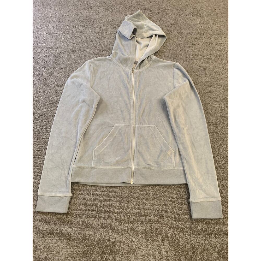 VERONA L Women's Gray‎ Full Zip Velour Hooded Sweatshirt Soft Y2K